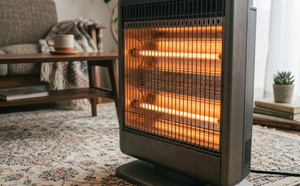 カーボンヒーターの接写の写真を作って。部屋に置かれている感じで。床にはカーペットがしかれている。