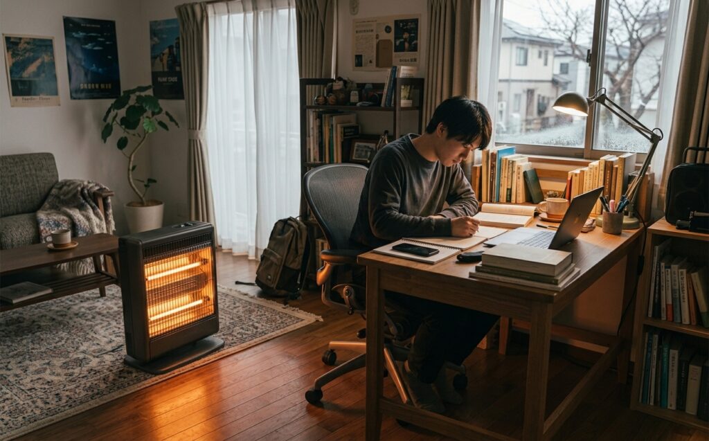 カーボンヒーターの接写の写真を作って。部屋に置かれている感じで。床にはカーペットがしかれている。